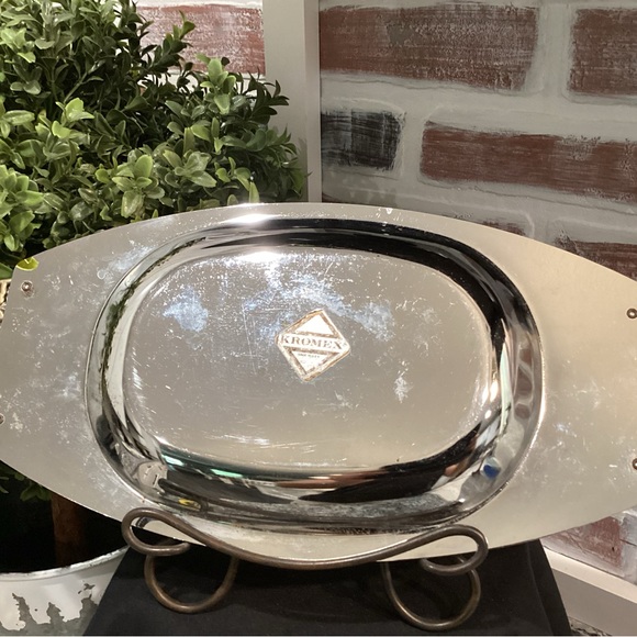 Vintage Silver Metal Kromex Serving Tray with Gold Metal Accent Handles - Picture 7 of 10